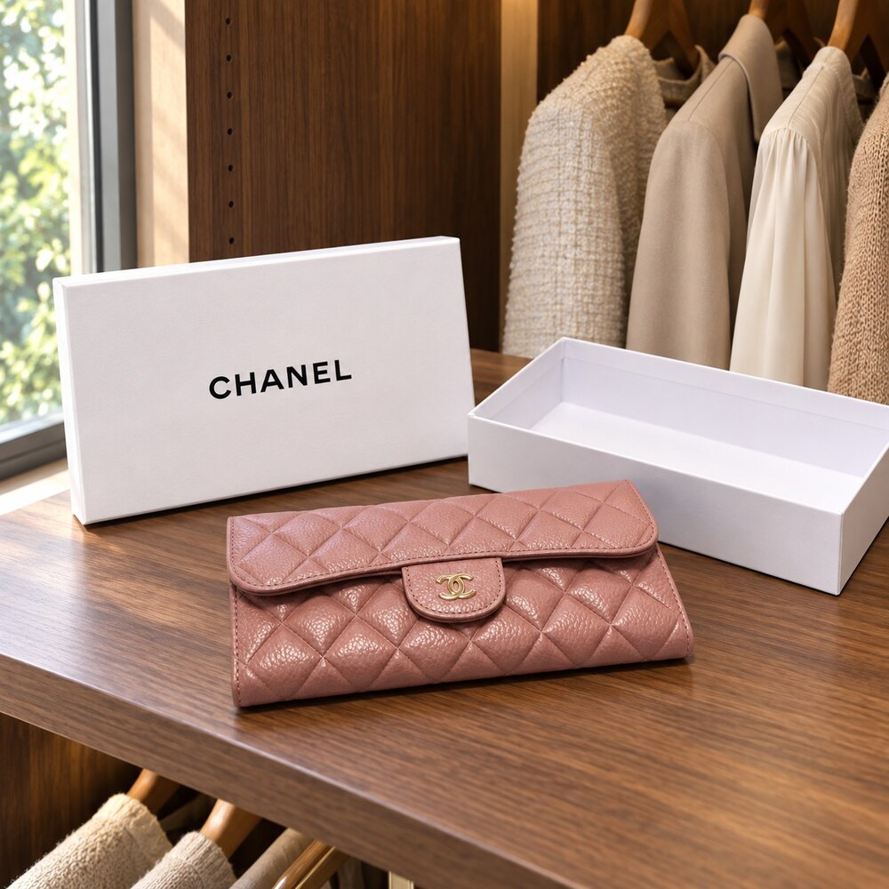 Chanel Classic Flap Long Wallet Pink Caviar Leather
